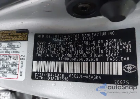 2006 Toyota Avalon Xls from USA, damaged, VIN 4T1BK36B96U093658